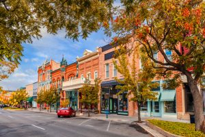 Provo, Utah, USA downtown on Center Street at dawn.